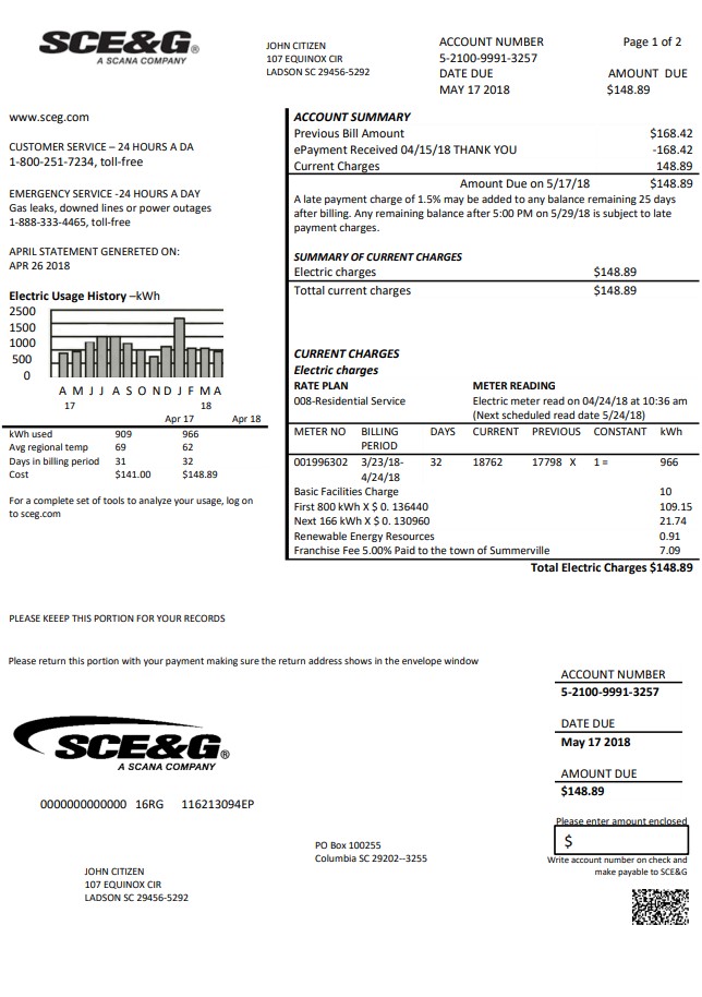 USA South Carolina SCE&G electricity utility bill template in Word and PDF format